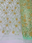 Metallic Floral Sequins Design - Metallic Gold Flowers With Mint Leaves Embroidered on Mint Tulle Sold By Yard