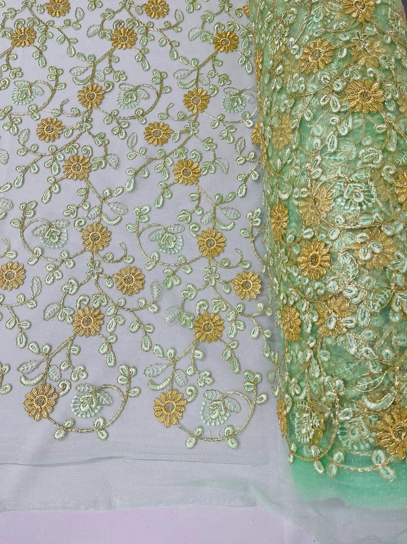 Metallic Floral Sequins Design - Metallic Gold Flowers With Mint Leaves Embroidered on Mint Tulle Sold By Yard