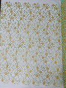 Metallic Floral Sequins Design - Metallic Gold Flowers With Mint Leaves Embroidered on Mint Tulle Sold By Yard