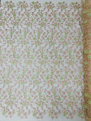 Metallic Floral Sequins Design - Metallic Gold Flowers With Pink Leaves Embroidered on Ivory Tulle Sold By Yard