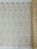 Metallic Floral Sequins Design - Metallic Gold Flowers With Pink Leaves Embroidered on Ivory Tulle Sold By Yard