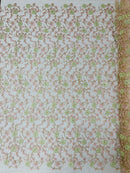 Metallic Floral Sequins Design - Metallic Gold Flowers With Pink Leaves Embroidered on Ivory Tulle Sold By Yard