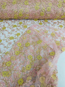 Metallic Floral Sequins Design - Metallic Gold Flowers With Pink Leaves Embroidered on Pink Tulle