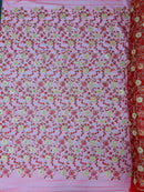 Metallic Floral Sequins Design - Metallic Gold Flowers With Red Leaves Embroidered on Red Tulle Sold By Yard