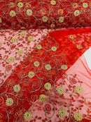 Metallic Floral Sequins Design - Metallic Gold Flowers With Red Leaves Embroidered on Red Tulle Sold By Yard