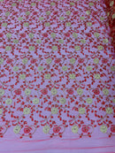 Metallic Floral Sequins Design - Metallic Gold Flowers With Red Leaves Embroidered on Red Tulle Sold By Yard