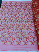 Metallic Floral Sequins Design - Metallic Gold Flowers With Red Leaves Embroidered on Red Tulle Sold By Yard