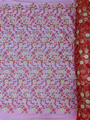 Metallic Floral Sequins Design - Metallic Gold Flowers With Red Leaves Embroidered on Red Tulle Sold By Yard