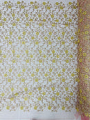 Metallic Floral Sequins Design - Metallic Gold Flowers With Rose Leaves Embroidered Mauve Tulle Sold By Yard