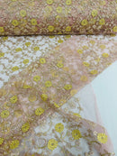 Metallic Floral Sequins Design - Metallic Gold Flowers With Rose Leaves Embroidered Mauve Tulle Sold By Yard