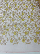 Metallic Floral Sequins Design - Metallic Gold Flowers With Rose Leaves Embroidered Mauve Tulle Sold By Yard