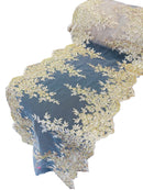 Floral Sequins Cluster Design - Metallic Gold - 14" Embroidered Floral Design Table Runner Sold By Yard