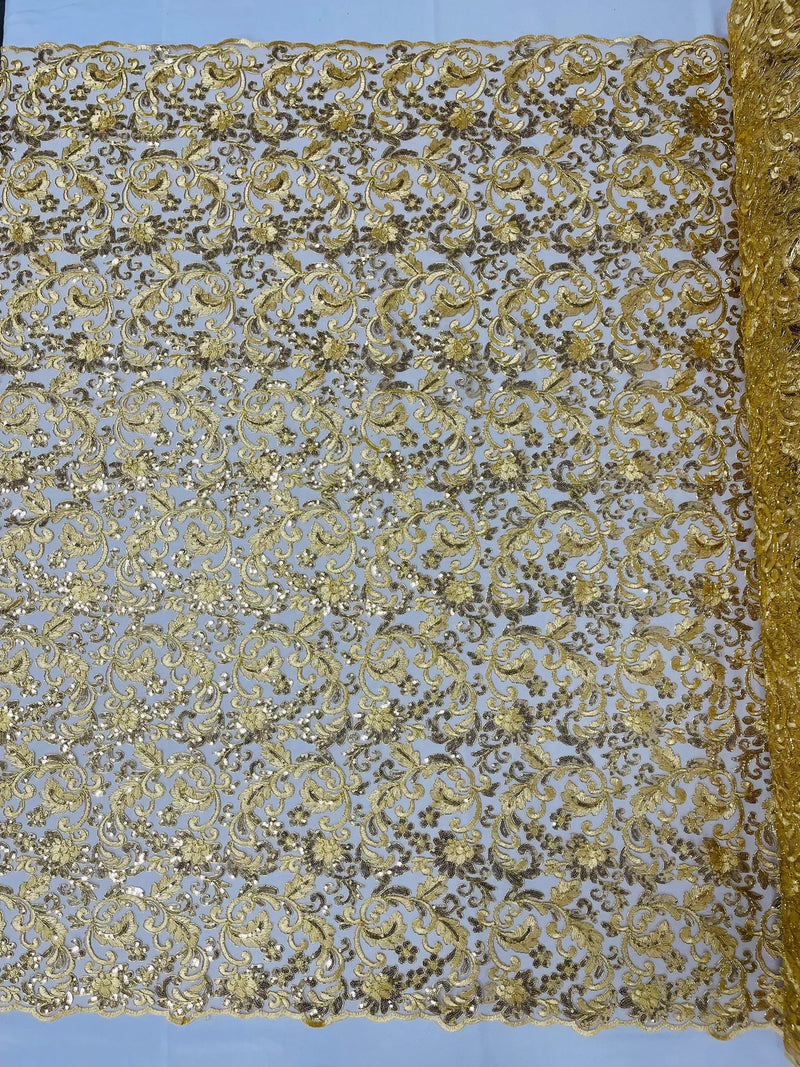 Metallic Flower Design - Gold  - Corded Floral Pattern Sequins Fabric Sold By Yard