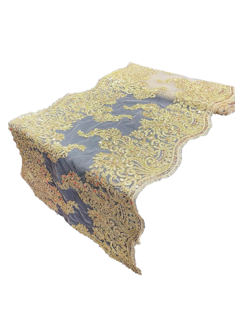 14" Metallic Floral Pattern Lace Table Runner - Gold - Floral Table Runner for Event Decoration