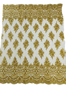 Flower Cluster Beaded Fabric - Metallic Gold - Embroidered Beaded Layered Border Fabric Sold By Yard