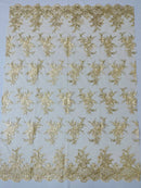 Plant Cluster Sequins Design - Metallic Gold - Flower Sequins Embroidered Design on Tulle Sold By Yard