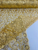 Metallic Flower Design - Gold  - Corded Floral Pattern Sequins Fabric Sold By Yard