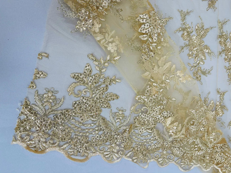 Plant Cluster Sequins Design - Metallic Gold - Flower Sequins Embroidered Design on Tulle Sold By Yard