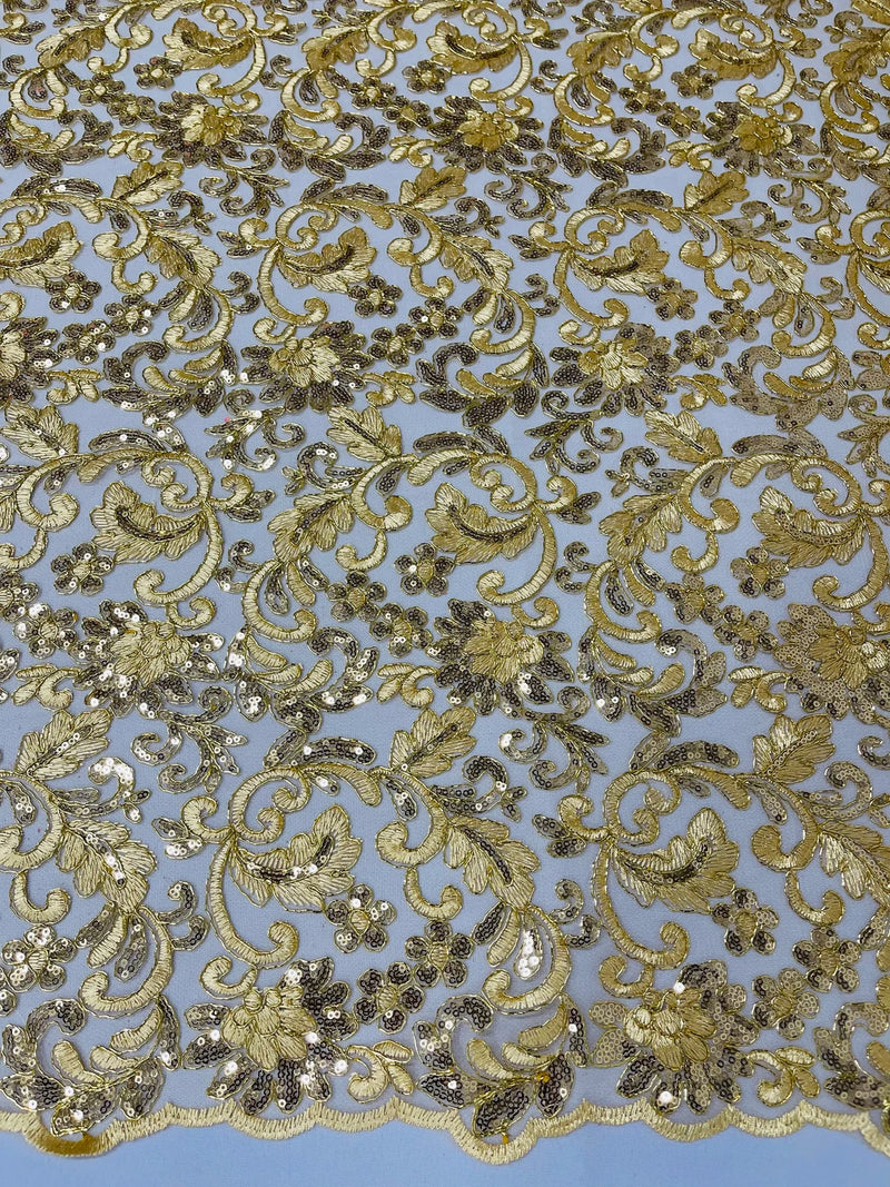 Metallic Flower Design - Gold  - Corded Floral Pattern Sequins Fabric Sold By Yard