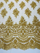 Flower Cluster Beaded Fabric - Metallic Gold - Embroidered Beaded Layered Border Fabric Sold By Yard