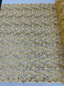 Metallic Flower Design - Gold  - Corded Floral Pattern Sequins Fabric Sold By Yard