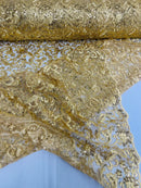 Metallic Flower Design - Gold  - Corded Floral Pattern Sequins Fabric Sold By Yard