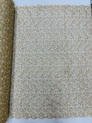 Metallic Corded Lace Fabric - Metallic Gold - Flower Design Embroidered on Mesh Lace Fabric By Yard