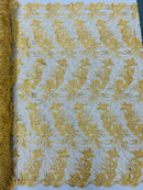 Plant Cluster Design Fabric - Metallic Gold - Embroidered High Quality Lace Fabric by Yard