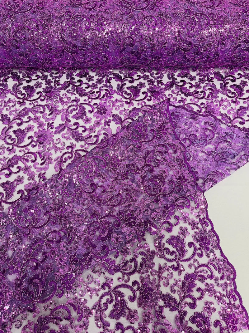 Metallic Flower Design - Grape - Corded Floral Pattern Sequins Fabric Sold By Yard