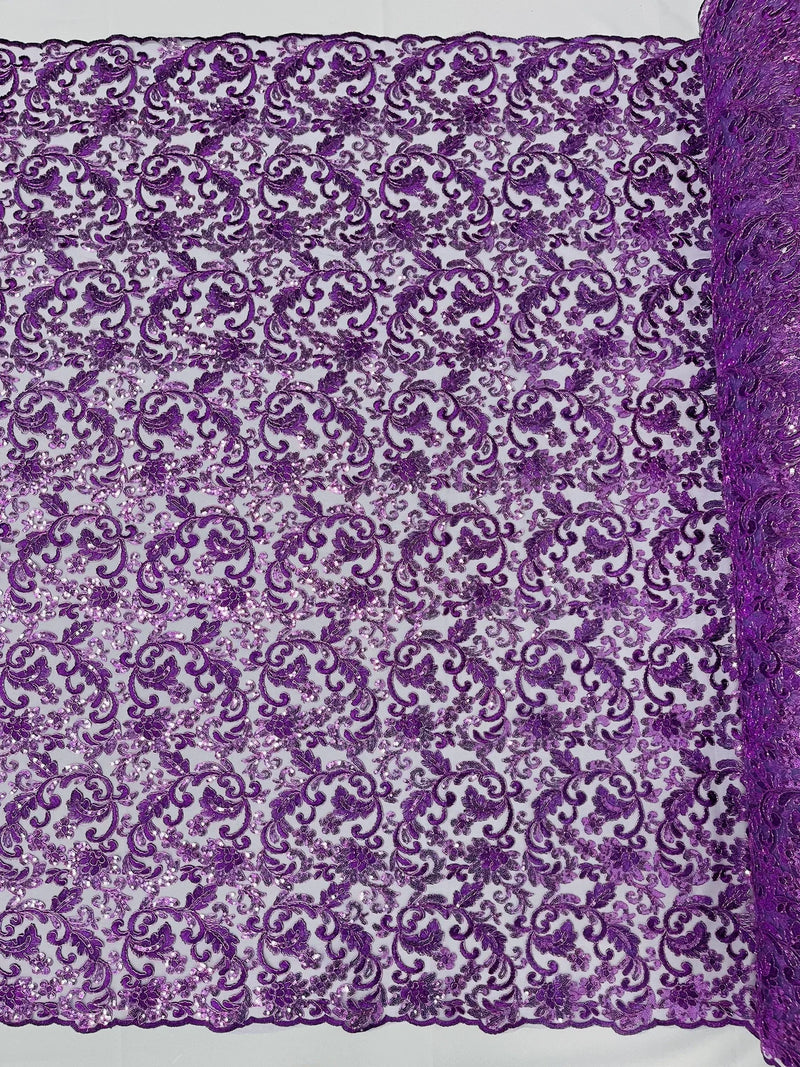 Metallic Flower Design - Grape - Corded Floral Pattern Sequins Fabric Sold By Yard