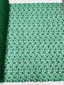 Metallic Corded Lace Fabric - Metallic Green - Flower Design Embroidered on Mesh Lace Fabric By Yard