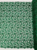Metallic Flower Design - Hunter Green - Corded Floral Pattern Sequins Fabric Sold By Yard