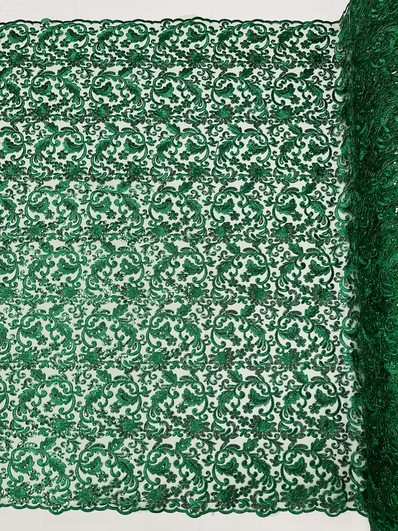 Metallic Flower Design - Hunter Green - Corded Floral Pattern Sequins Fabric Sold By Yard