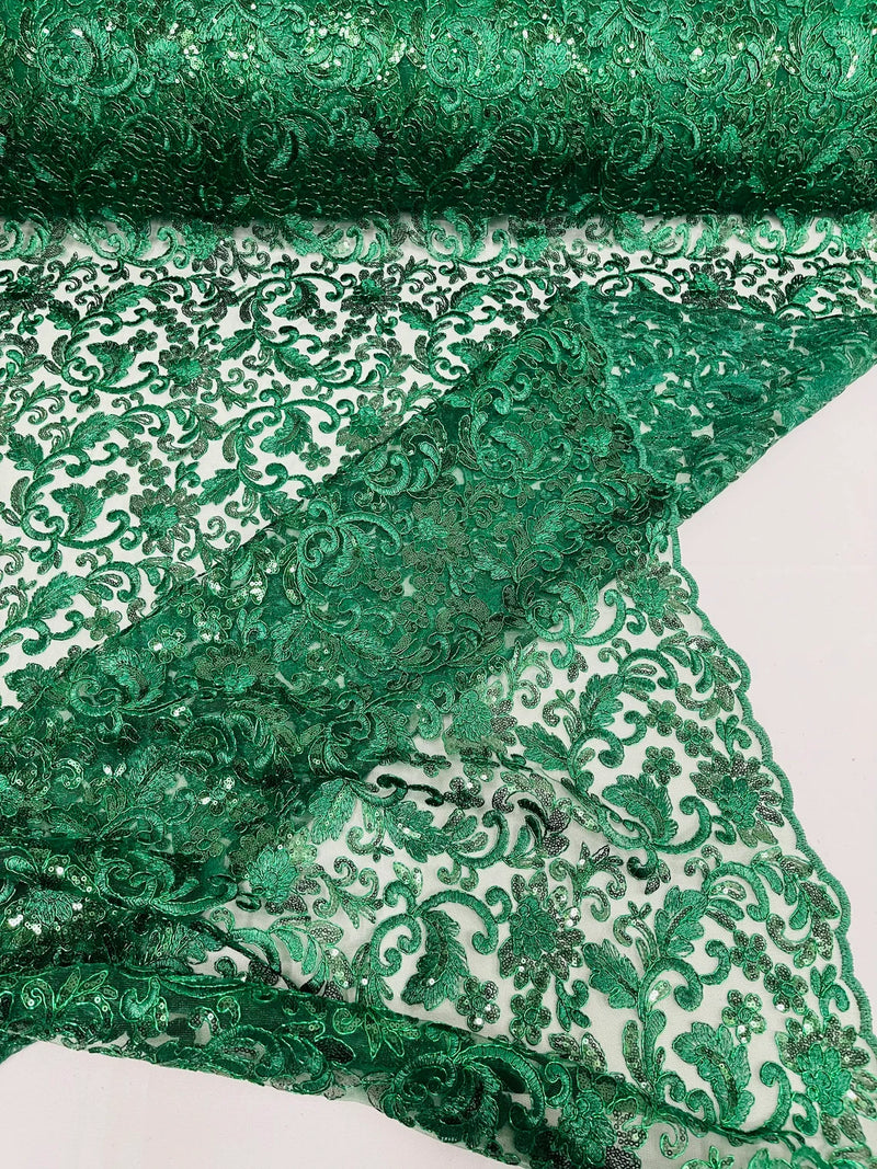 Metallic Flower Design - Hunter Green - Corded Floral Pattern Sequins Fabric Sold By Yard