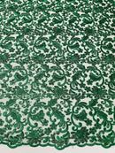Metallic Flower Design - Hunter Green - Corded Floral Pattern Sequins Fabric Sold By Yard