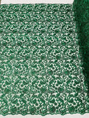 Metallic Flower Design - Hunter Green - Corded Floral Pattern Sequins Fabric Sold By Yard