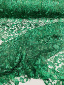 Metallic Flower Design - Hunter Green - Corded Floral Pattern Sequins Fabric Sold By Yard