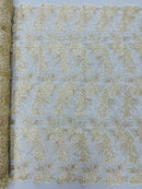 Plant Cluster Design Fabric - Metallic White/Gold - Embroidered High Quality Lace Fabric by Yard
