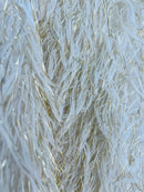 Metallic Fringe Eyelash / Feather - Ivory/Gold - Embroidered Fabric with Hanging Details 2 Way Stretch By Yard