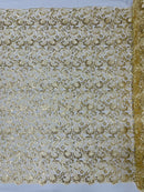 Metallic Flower Design - Light Gold - Corded Floral Pattern Sequins Fabric Sold By Yard