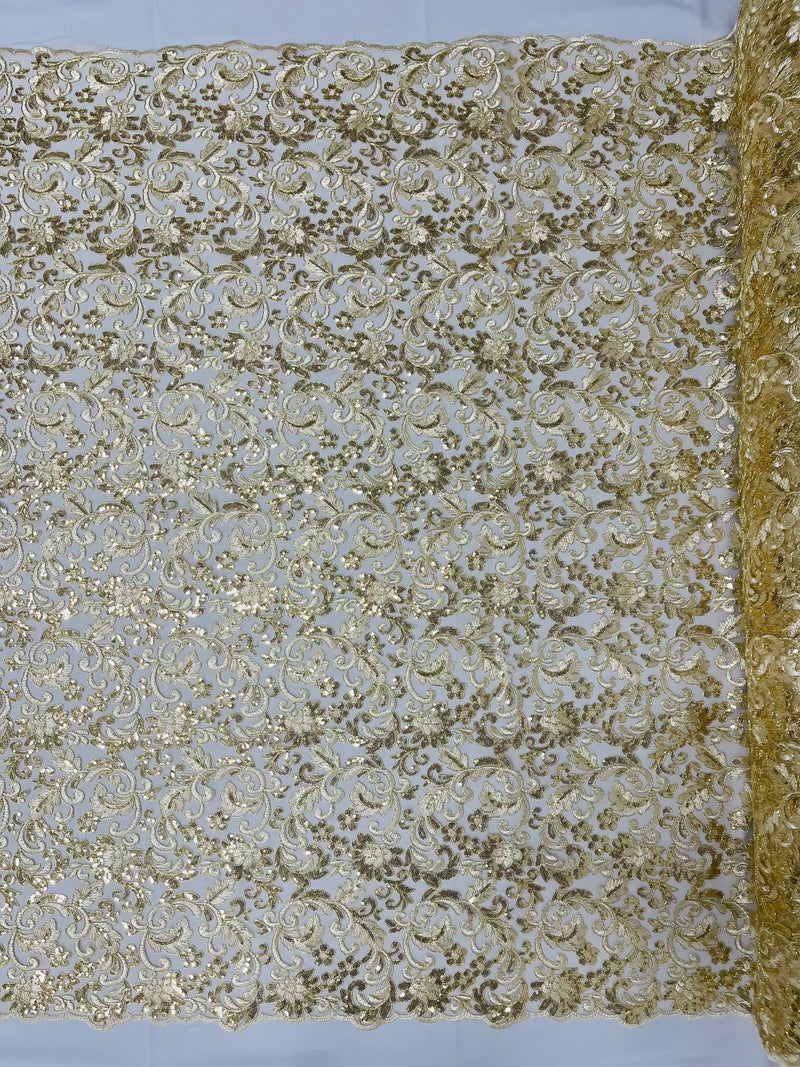 Metallic Flower Design - Light Gold - Corded Floral Pattern Sequins Fabric Sold By Yard