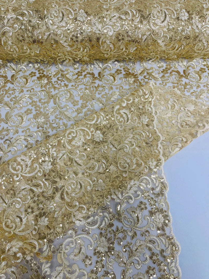 Metallic Flower Design - Light Gold - Corded Floral Pattern Sequins Fabric Sold By Yard