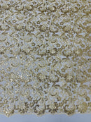 Metallic Flower Design - Light Gold - Corded Floral Pattern Sequins Fabric Sold By Yard