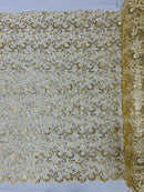 Metallic Flower Design - Light Gold - Corded Floral Pattern Sequins Fabric Sold By Yard