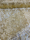 Metallic Flower Design - Light Gold - Corded Floral Pattern Sequins Fabric Sold By Yard