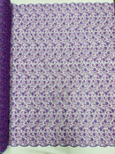 Metallic Corded Lace Fabric - Metallic Lilac - Flower Design Embroidered on Mesh Lace Fabric By Yard