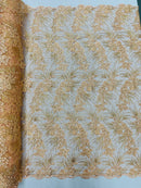 Plant Cluster Design Fabric - Metallic Light Coral - Embroidered High Quality Lace Fabric by Yard