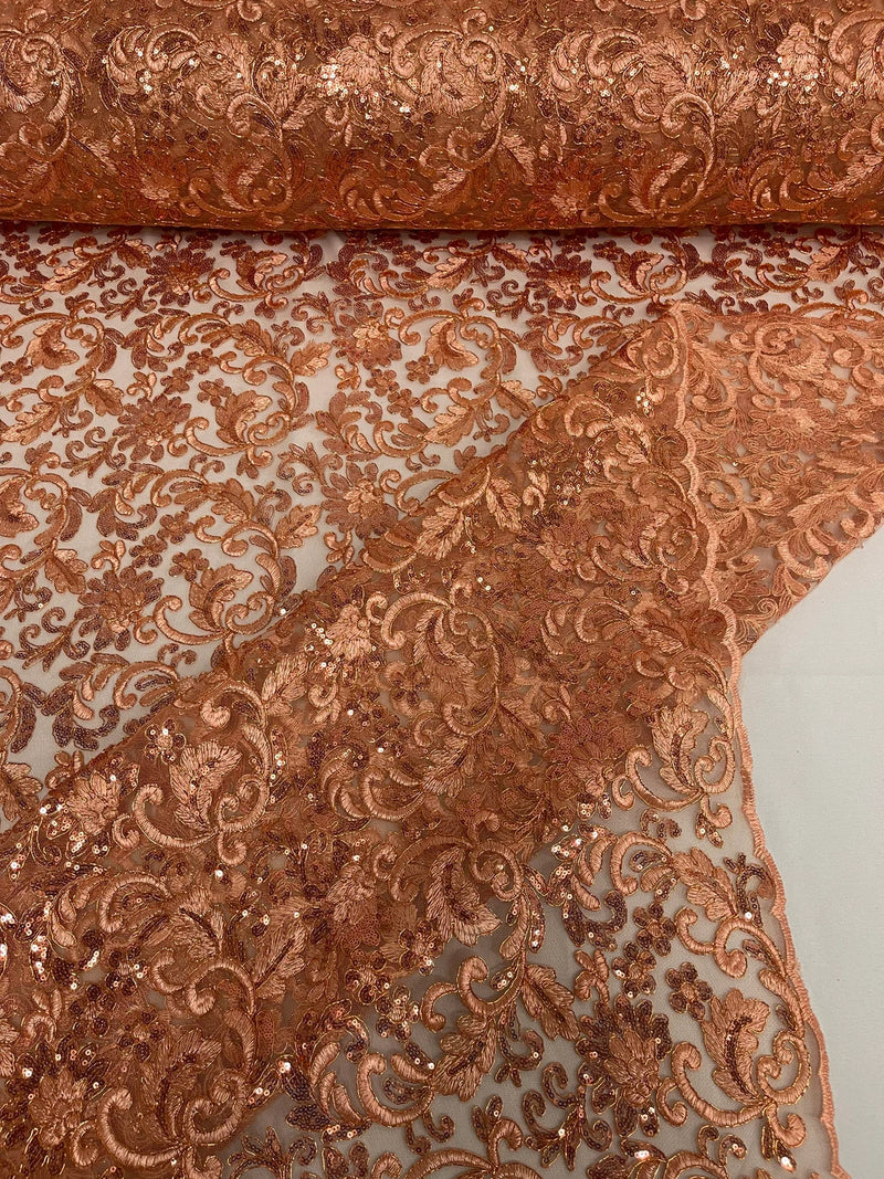 Metallic Flower Design - Peach - Corded Floral Pattern Sequins Fabric Sold By Yard