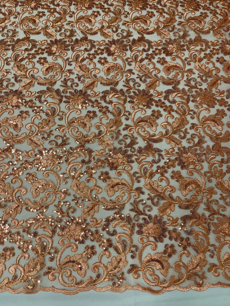 Metallic Flower Design - Peach - Corded Floral Pattern Sequins Fabric Sold By Yard