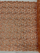 Metallic Flower Design - Peach - Corded Floral Pattern Sequins Fabric Sold By Yard